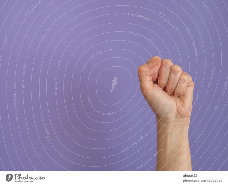 Hand with clenched fist on purple background with copy space Freedom Human being Woman Adults Arm Fingers Aggression Strong Power closed communication Communism