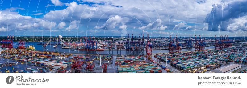 Panorama Port of Hamburg Tourism Sightseeing City trip Summer Trade Logistics Technology Beautiful weather Downtown Harbour Tourist Attraction Navigation