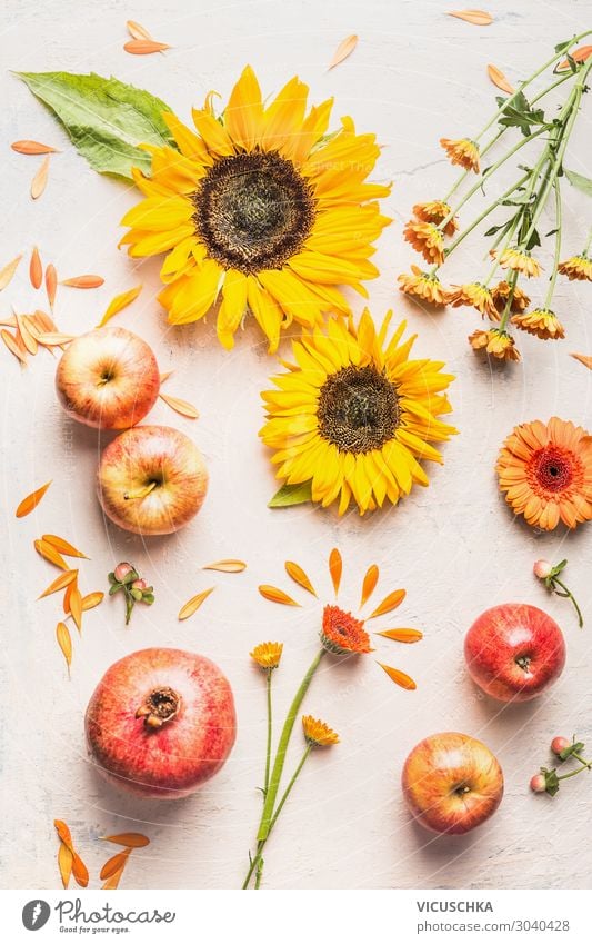 Summer flat lay with apples, sunflowers, pomegranate Fruit Apple Style Design Spring Flower Decoration Bouquet Sunflower Pomegranate Composing Bright background
