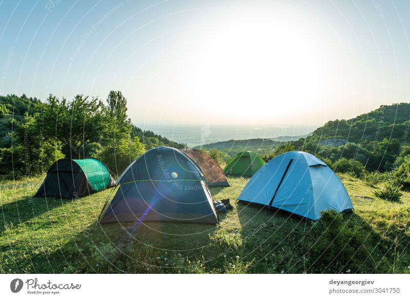 Many tents in the mountain. Sunshine morning Lifestyle Joy Relaxation Leisure and hobbies Vacation & Travel Tourism Adventure Camping Summer Mountain Hiking