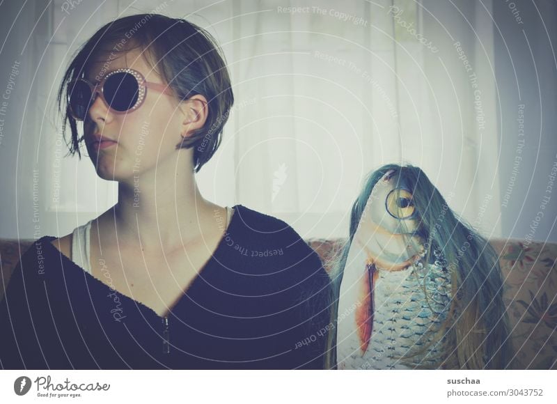 my friend the fish ... girl on sofa with fish Young woman Woman Girl teenager Youth (Young adults) Puberty Hair and hairstyles Wig Living or residing