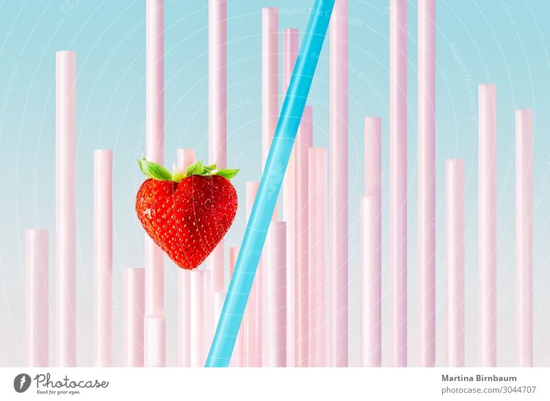 A strawberry and straws with pastel background Fruit Breakfast Straw Life Summer Art Fresh Wild Blue Pink Red White Colour Strawberry Milkshake food healthy jar