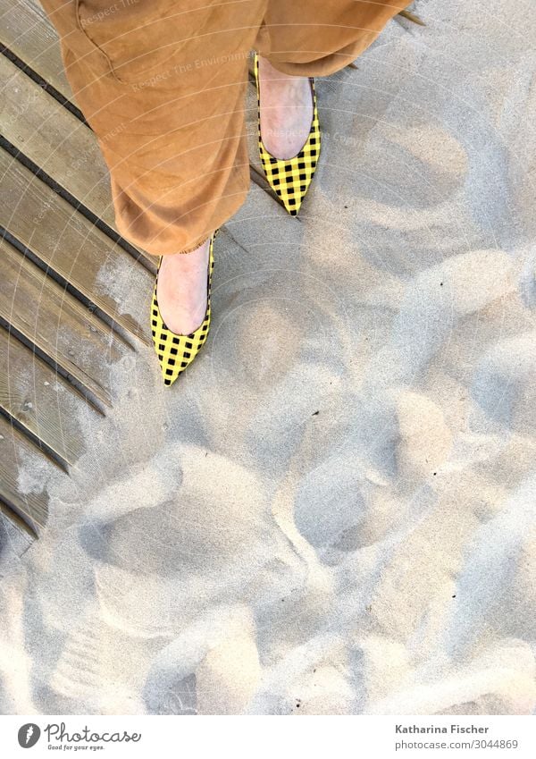 yellow-black chequered sling pumps at the sandy beach Legs Feet Sand Spring Summer Stand Brown Yellow Black Woodway Beach Sandy beach High heels Fashion Pants