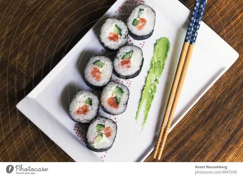 Sushi date Food Fish Nutrition Eating Asian Food Cutlery Green Red Wasabi Chopstick white Colour photo Studio shot Deserted Bird's-eye view