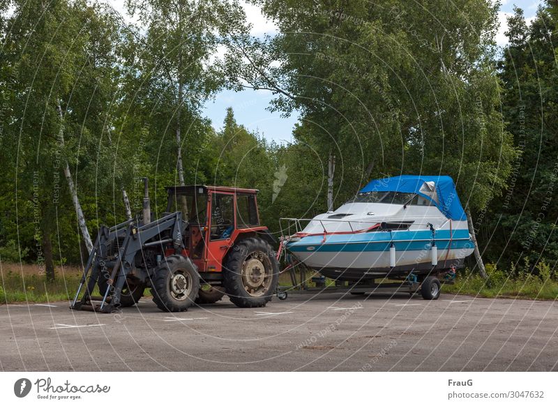 team Vacation & Travel Summer Summer vacation Tree Birch tree Forest Means of transport Tractor Sport boats Exceptional Strong Parking lot Signs and labeling