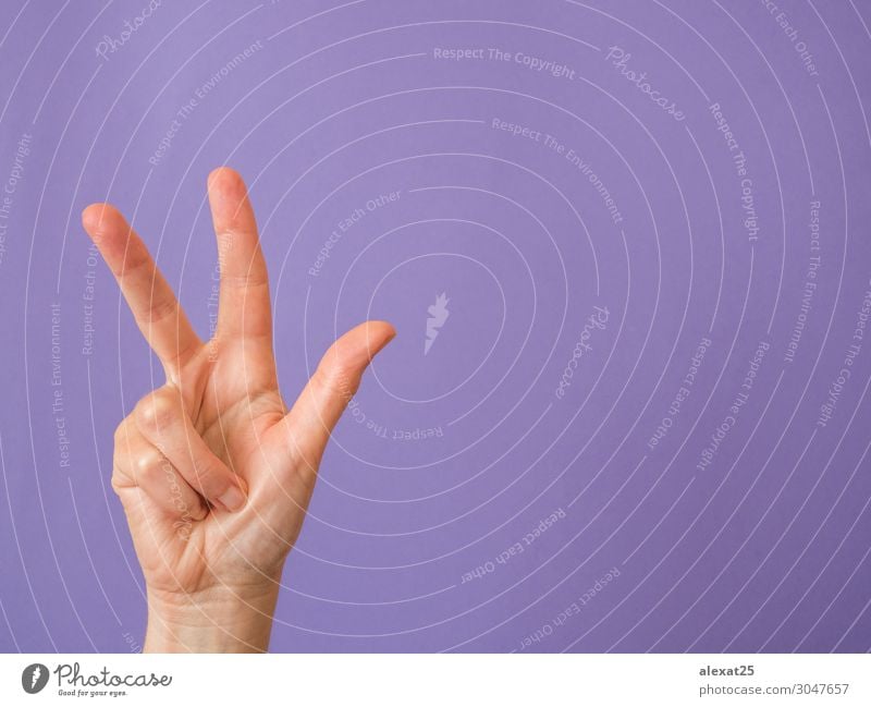 Hand with three fingers raised on purple background and copy sp Human being Woman Adults Arm Fingers Idea Conceptual design Copy Space Numbers Doppelganger