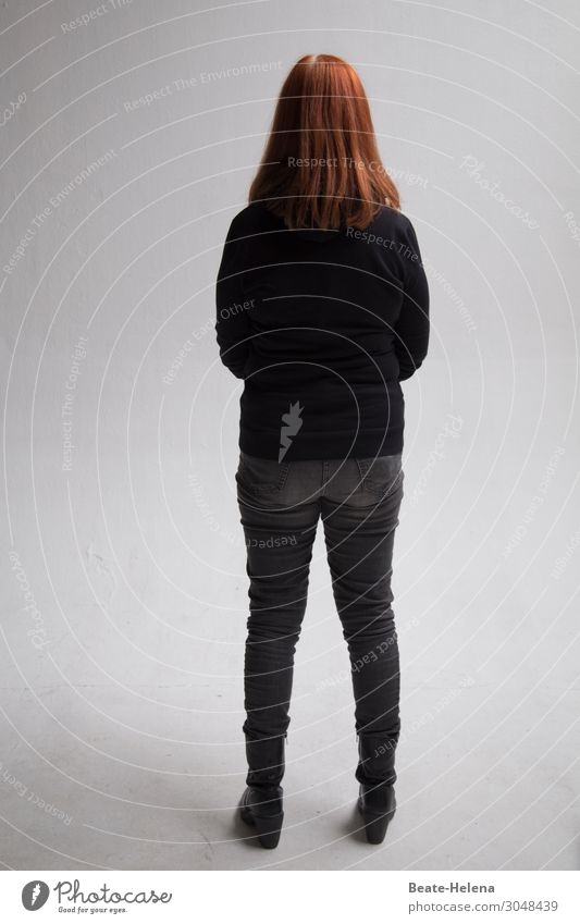 look back Woman Black Red-haired Back from behind Click portrait Dark