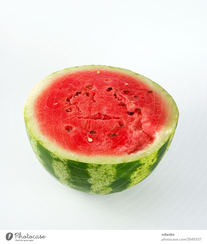 half round ripe red watermelon with brown seeds Fruit Dessert Nutrition Vegetarian diet Diet Summer Nature Fresh Delicious Natural Juicy Green Red White Colour
