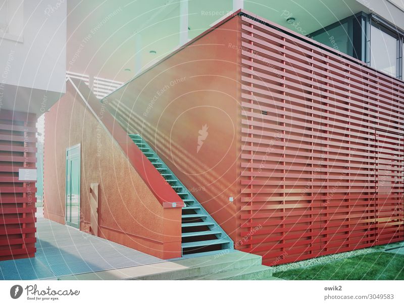 redshift Stairs Facade Door Wall (building) Plastic Sharp-edged Glittering Modern Red Smoothness Colour photo Exterior shot Detail Deserted Copy Space right