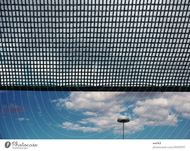roof landscape Sky Clouds Roof Weather protection Street lighting Grating Metal Far-off places Protection Safety Colour photo Exterior shot Detail Deserted