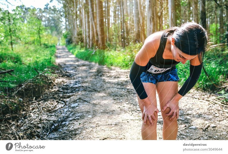 Female athlete pausing at a trail competition Lifestyle Sports Human being Woman Adults Nature Tree Forest Lanes & trails Fitness Fatigue Exhaustion Effort