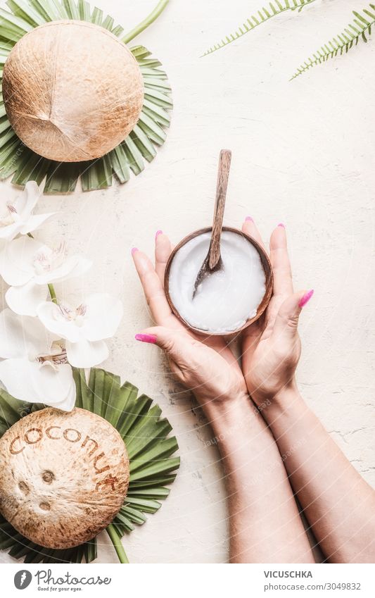 Hands holding a bowl of coconut oil Cooking oil Organic produce Vegetarian diet Diet Style Design Beautiful Personal hygiene Healthy Healthy Eating Wellness Spa