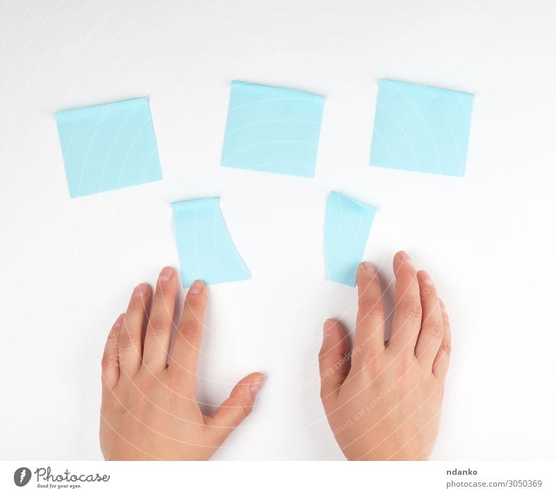 lot of blue stickers on a white background Office Business Internet Human being Woman Adults Hand Fingers Paper Touch Movement Blue White Colour Idea Teamwork