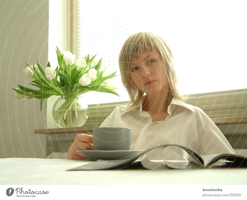 milk toast and honey Tulip Newspaper Magazine Breakfast Woman Light White Drinking Coffee Morning Relaxation Tea newsprint