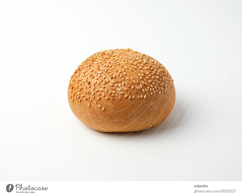 baked whole round bun with sesame seeds Bread Roll Eating Breakfast Lunch Dinner Fast food Brown White Crust Sesame Sandwich Meal burger Snack crusty Tasty