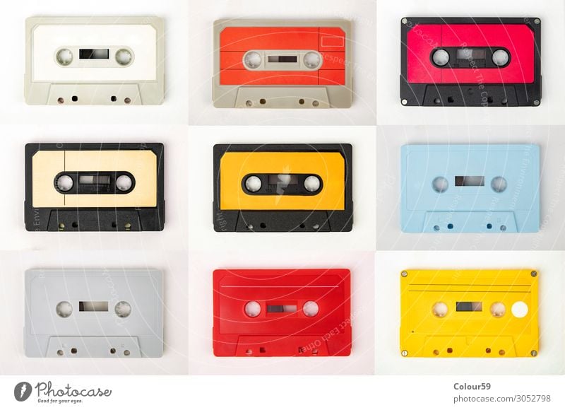 Music cassettes collection Leisure and hobbies Listen to music Plastic Retro Nostalgia Tape cassette audio Vintage 80s bare analogue dance isolated eighties