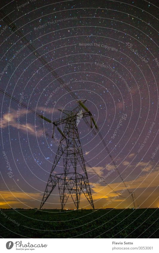 power lines under starry sky Telecommunications Energy industry Industry Nature Landscape Sky Field Power Galaxy High voltage power line Colour photo