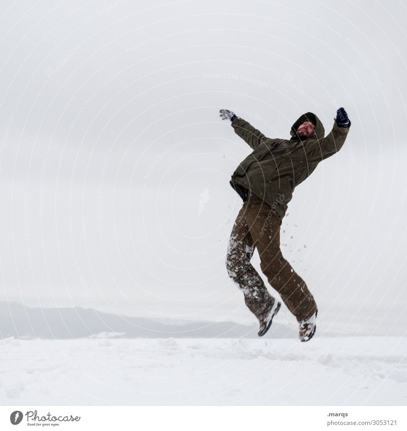 lift-off Man Adults 1 Human being 18 - 30 years Youth (Young adults) 30 - 45 years Nature Clouds Winter Snow Snow layer Jacket Hooded (clothing) To fall Flying