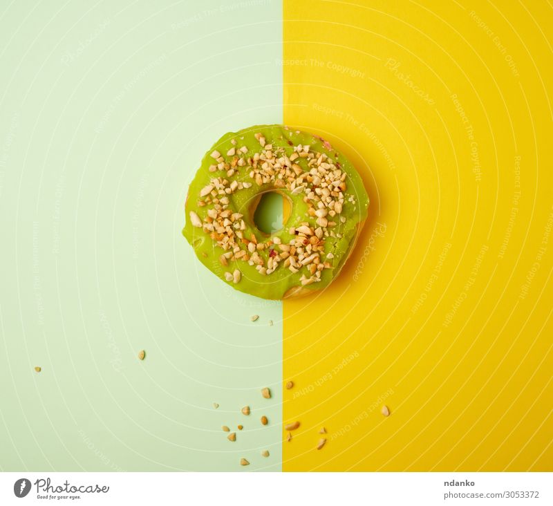round sweet green pistachio donut Dough Baked goods Cake Dessert Candy Nutrition Breakfast Eating Fresh Bright Delicious Funny Above Yellow Green Colour