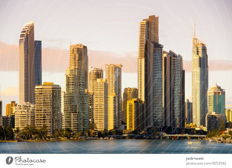 Gold Coast Far-off places Sky Clouds Beautiful weather Pacific Ocean Queensland Architecture Skyline High-rise Facade Modern Town Warmth Yellow Moody Style