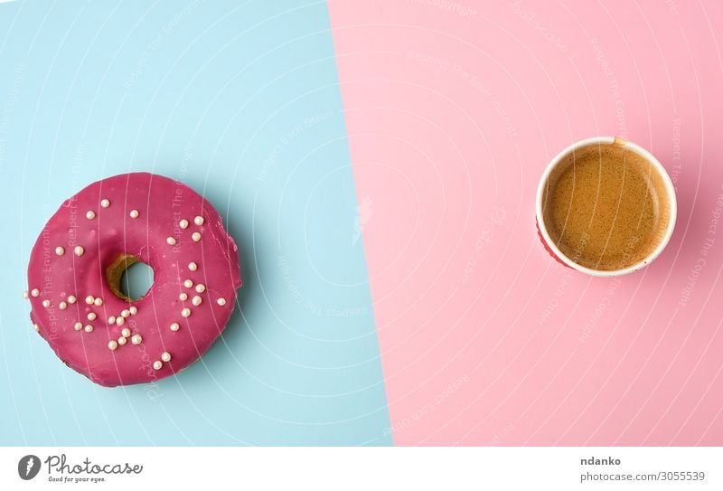 round red glazed donut and paper cup with coffee Dough Baked goods Dessert Candy Nutrition Breakfast To have a coffee Beverage Coffee Cup Decoration Eating