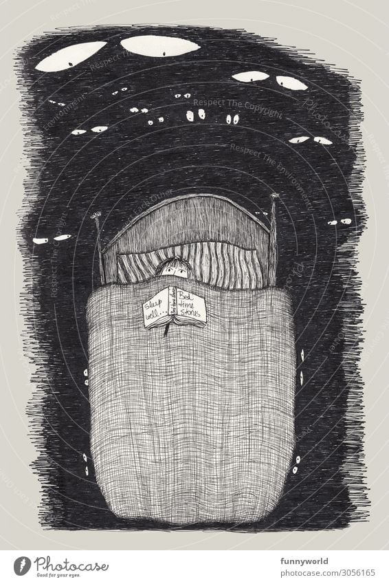 Illustration of a child in bed, with a book on the blanket and white eyes looking down on him Child 1 Human being Fear Nightmare Creepy Book Bed Good night Eyes