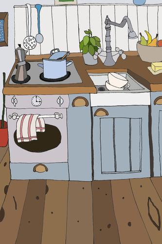 Illustratio neir small kitchen in blue Living or residing Flat (apartment) Interior design Kitchen Uniqueness Retro Illustration Cozy Pot Stove & Oven