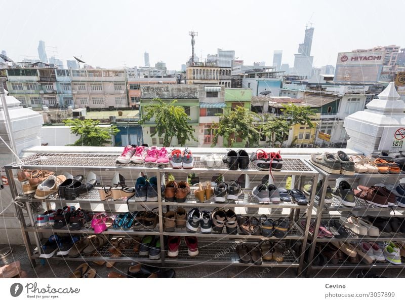 Shoes in front of temple Footwear Shoe rack shoe Temple Bangkok Thailand Prayer pray Skyline Religion and faith Buddha Buddhism Buddhist Asian Exterior shot