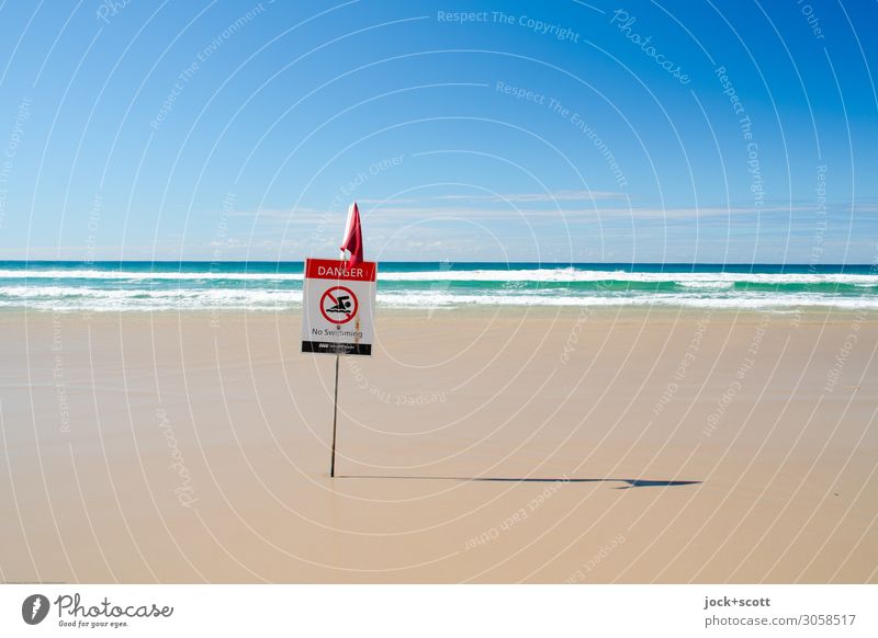 origin of danger Far-off places Horizon Beautiful weather Warmth coast Pacific Ocean Pacific beach Warning sign Prohibition sign Dangerous Idyll Arrangement