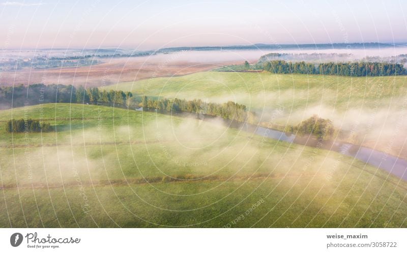 Morning fog over river, meadow and forest. Nature sunlight scene Calm Vacation & Travel Tourism Far-off places Freedom Summer Environment Landscape Air Water