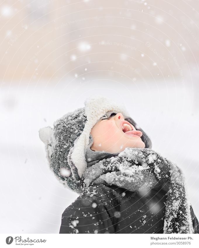 Snow snack Child Boy (child) Mouth 1 Human being 3 - 8 years Infancy Winter Snowfall Cold Cute Gray White Truth Authentic Curiosity Wanderlust