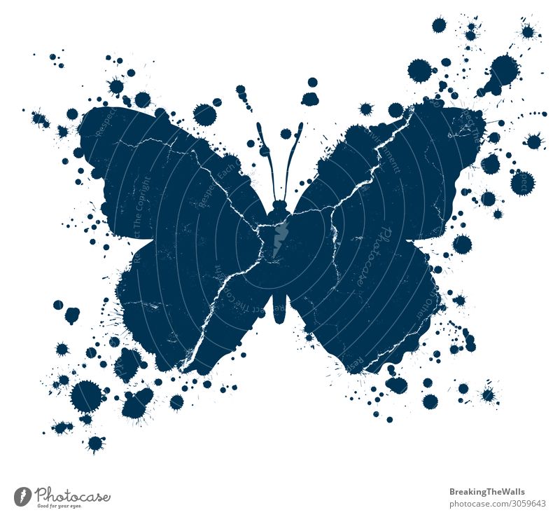 Grunge butterfly shape and paint blobs splattered Art Work of art Painting and drawing (object) Butterfly Drop Dirty Blue White Splash background distressed