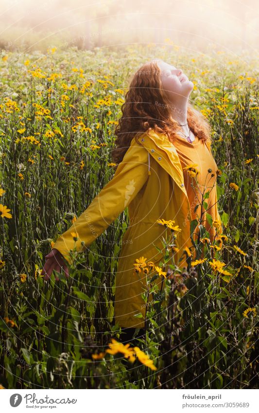 sun child Summer Feminine Young woman Youth (Young adults) 1 Human being 18 - 30 years Adults Red-haired Yellow Portrait format Sunflower Colour photo