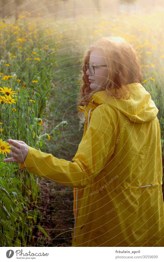 yellow raincoat Summer Feminine Young woman Youth (Young adults) Woman Adults 1 Human being 18 - 30 years Environment Nature Plant Beautiful weather Garden Park