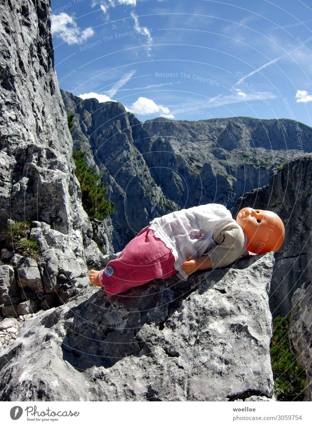 baby break Mountain Hiking Environment Nature Landscape Beautiful weather Rock Alps Berchtesgaden Berchtesgaden Alpes Doll Plastic Relaxation Lie Blue Gray Pink