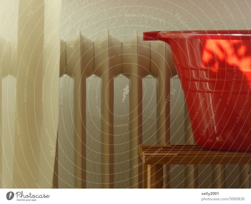 laundry day Living or residing Flat (apartment) Room Heater Drape Curtain Red White Washing day Laundry basket Still Life Household Clean Colour photo