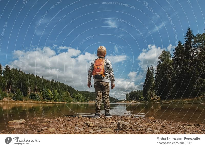 Boy at the lake Vacation & Travel Tourism Adventure Hiking Human being Masculine Child Boy (child) Infancy 1 3 - 8 years Nature Landscape Water Sky Clouds