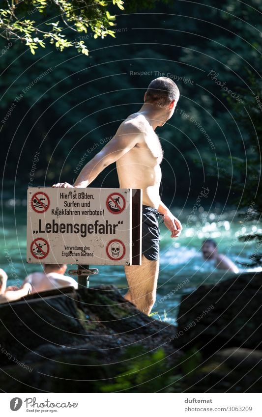 life-threatening danger Masculine Life Body 1 Human being Nature Water Summer Beautiful weather Warmth Park Brook River Munich The Englischer Garten Eisbach