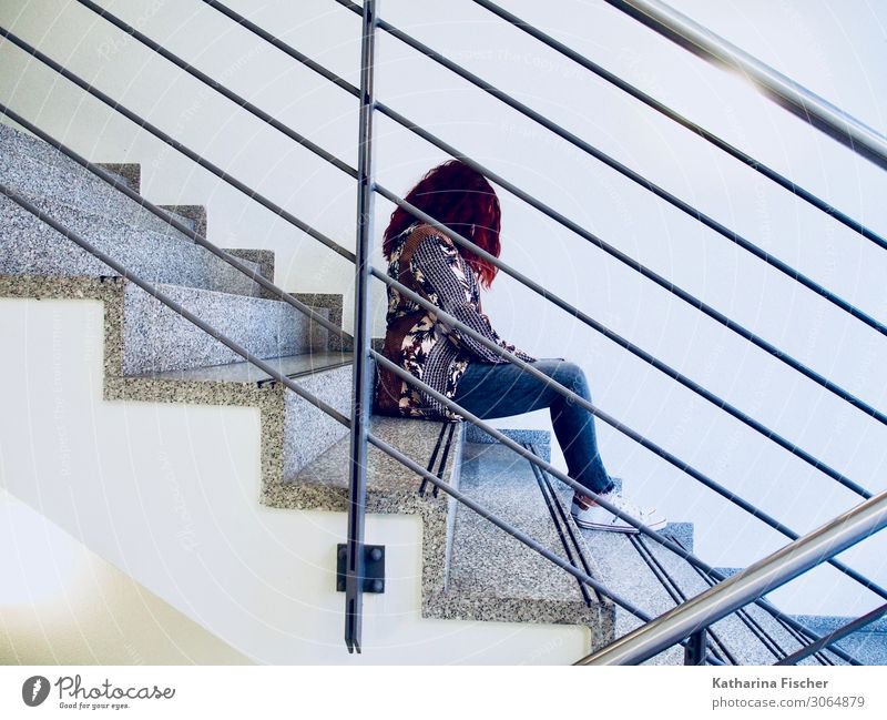 Woman sitting in the staircase Feminine 1 Human being Sit Brown Gray Violet Red Black White Disappointment Loneliness Exhaustion Stairs Staircase (Hallway)