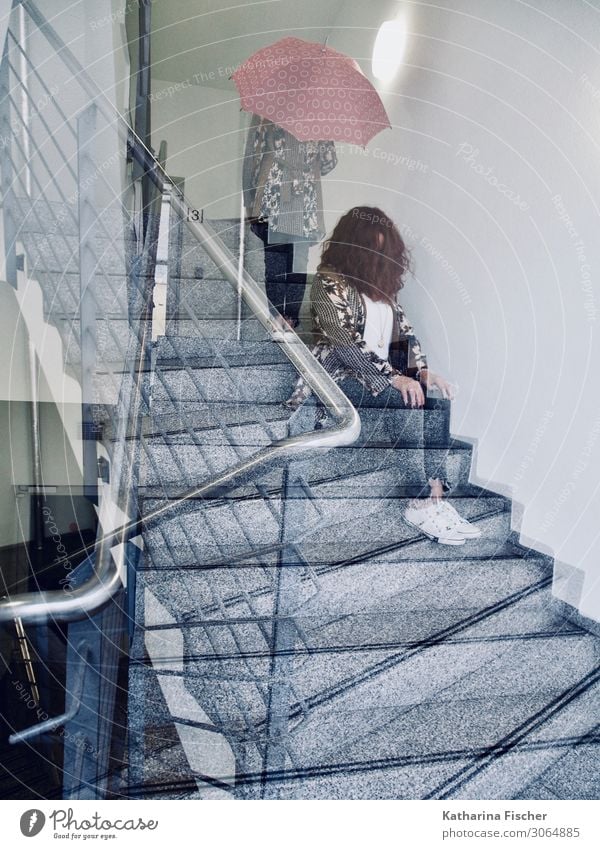 staircase woman double exposure Feminine 1 Human being Stairs Sit Stand Blue Brown Gray Pink Red Black Silver Turquoise White Staircase (Hallway)