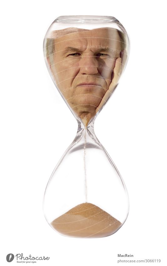 lifetime Human being Head 1 45 - 60 years Adults Apocalyptic sentiment Hourglass Glass Portrait photograph Man Masculine Serene Sand Melt away Clock Wait