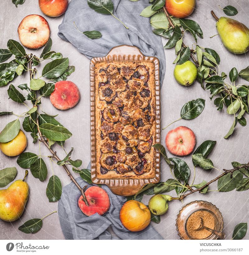 Seasonal baking with fruit of garden Food Fruit Cake Nutrition Style Design Holiday season Baking from the garden Pear Apple Peach Food photograph