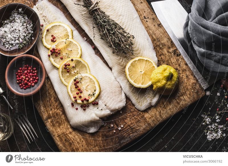 Cod fillet with lemon slices and herbs Food Fish Nutrition Lunch Organic produce Diet Crockery Style Design Healthy Eating Kitchen Restaurant Gastronomy Grunge