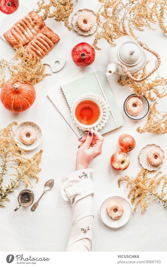 Cosy autumn breakfast, flat lay Food Nutrition Breakfast Beverage Tea Crockery Lifestyle Style Joy Living or residing Table Human being Woman Adults Hand