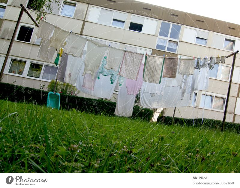Clean is different Living or residing House (Residential Structure) Garden Meadow Town High-rise Window White Laundry Clothesline Washing Laundry basket