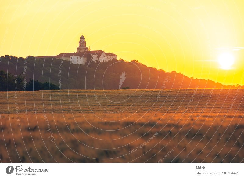 Pannonhalma Archabbey with wheat field on sunset time in summer. The Benedictine Pannonhalma Archabbey or Territorial Abbey of Pannonhalma is the most notable landmark in Pannonhalma and one of the oldest historical monuments in Hungary, founded in 996.
