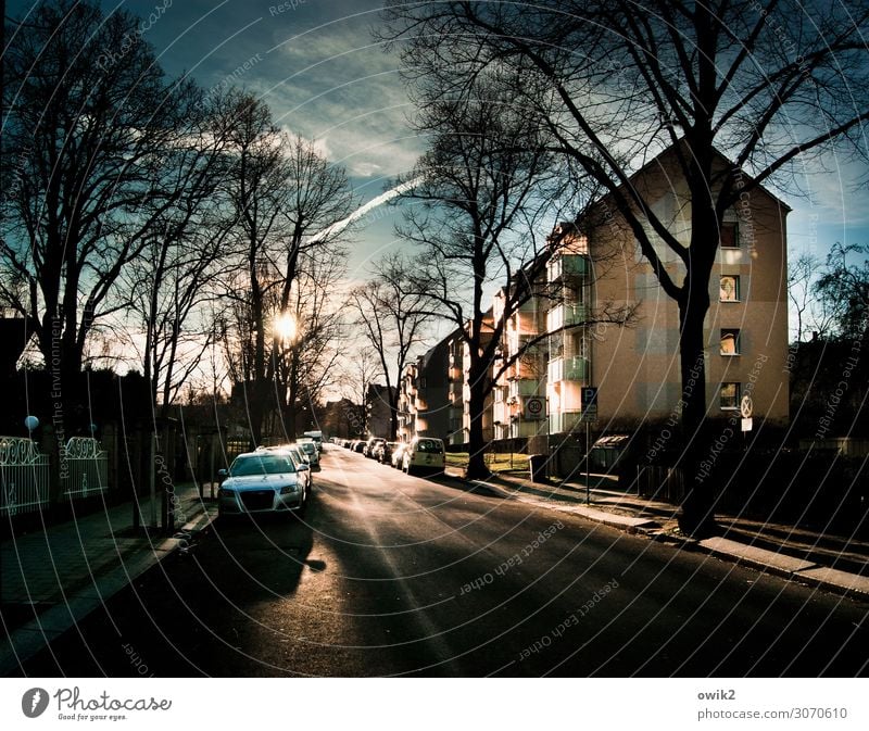 street lighting Sky Clouds Beautiful weather Tree Town Outskirts Populated House (Residential Structure) Balcony Window Transport Street Sidewalk Car Parking