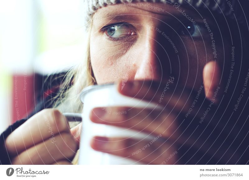 the quiet life Nutrition Breakfast To have a coffee Beverage Drinking Hot drink Hot Chocolate Coffee Tea Cup Mug Face Eyes 1 Human being 18 - 30 years