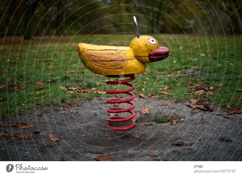 duck Playing Park Playground To swing Brown Yellow Green Red Joy Infancy Wooden toy Swing Colour photo Exterior shot Deserted Day Central perspective