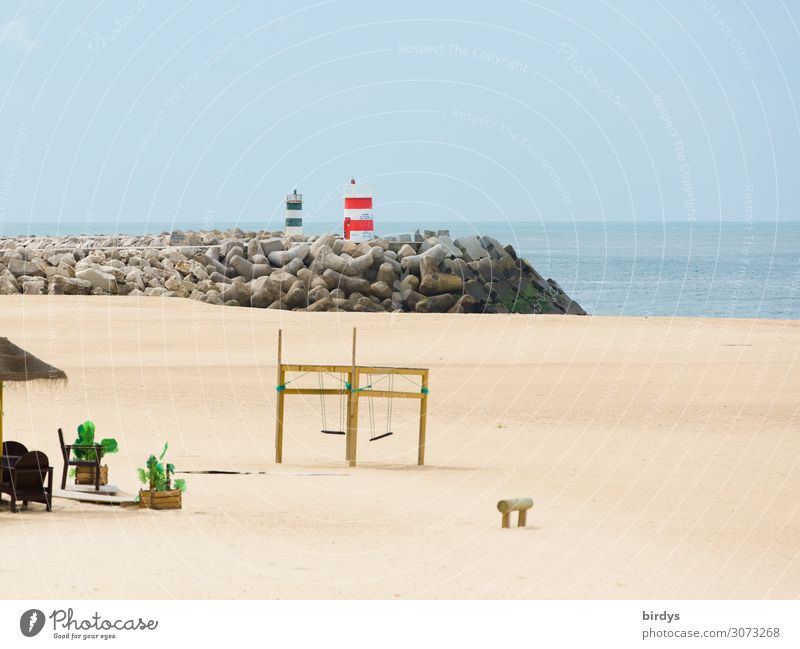 playground, beach, low season Leisure and hobbies Playing Vacation & Travel Summer Beach Ocean Sand Water Cloudless sky Beautiful weather Lighthouse Playground